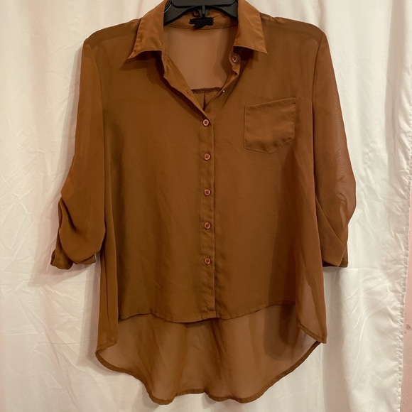 SOLD // Brown Sheer Button Down High Low Blouse - Picture 5 of 6